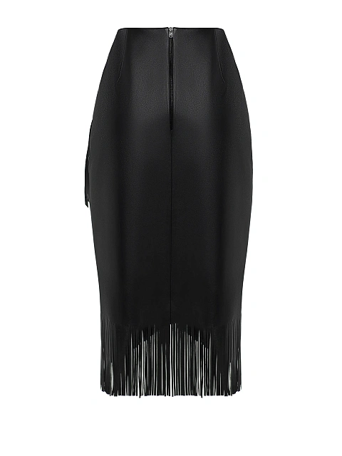 Черная юбка-миди из кожи с бахромой, 2