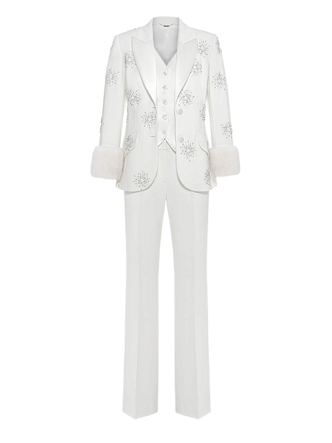 Белый костюм-тройка с вышивкой и манжетами из норки, 3