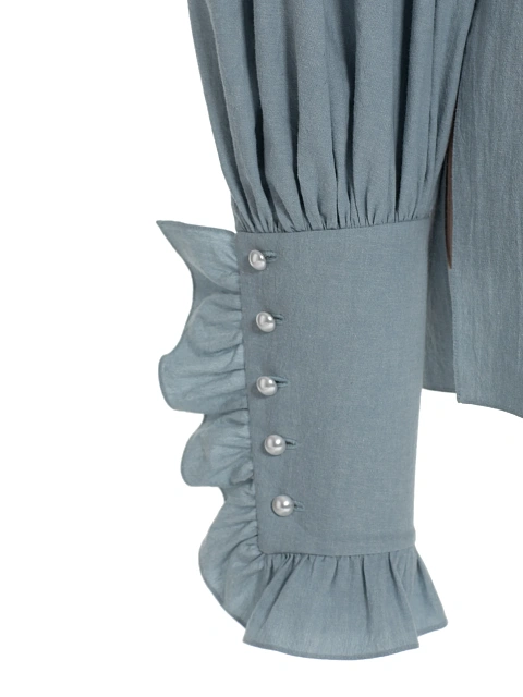 Голубая хлопковая блузка с рюшами и вышивкой, 3