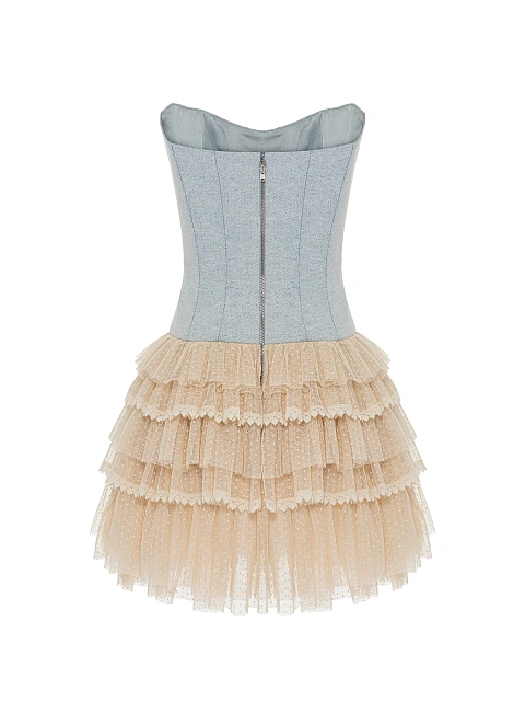 Платье-мини из денима и кружева, 3