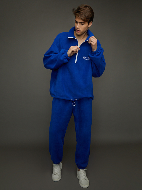 Синий мужской флисовый спортивный костюм с вышивкой, 7
