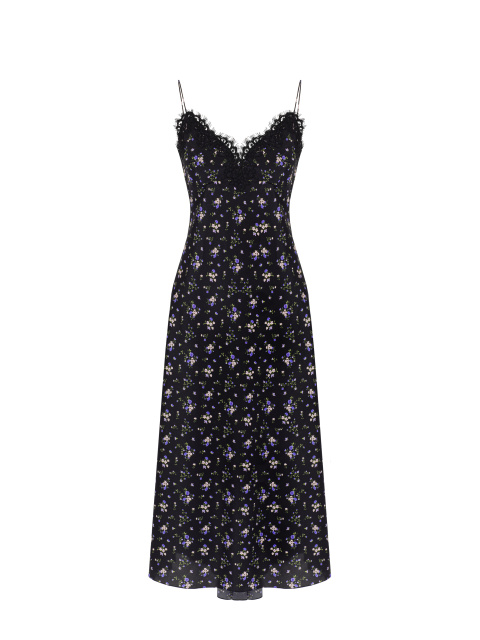 Черное платье-миди из шелка с цветочным принтом и кружевом, 1