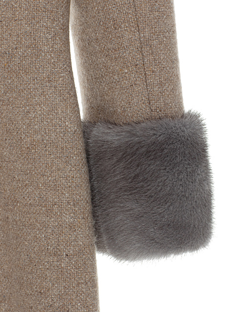 Бежевое платье-миди из шерсти с манжетами из меха норки, 4