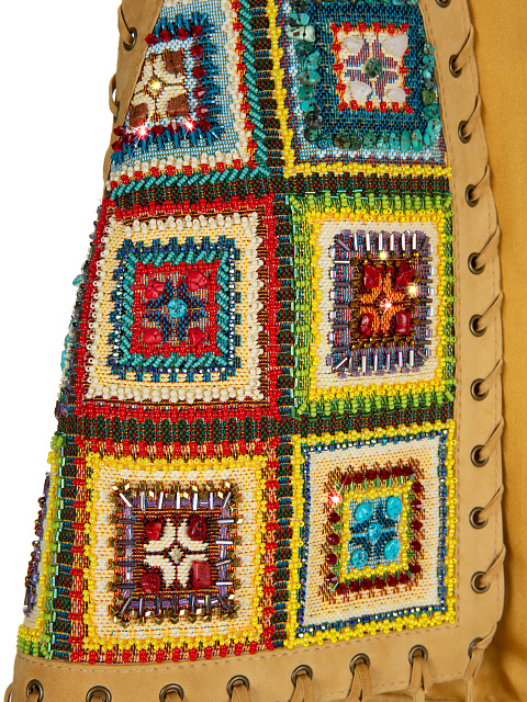 Коричневый жилет из замши с вышивкой и бахромой, 3