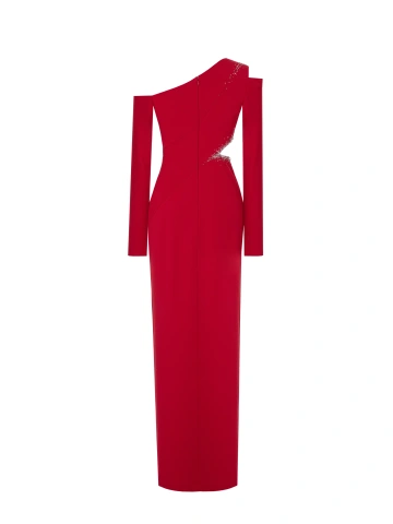 Красное асимметричное платье-макси со стразами, 2