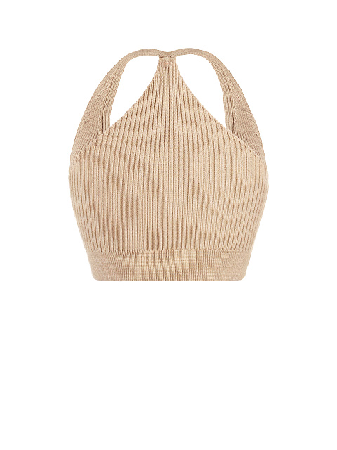 Бежевый вязаный комплект из топа и кардигана с белыми пуговицами, 3