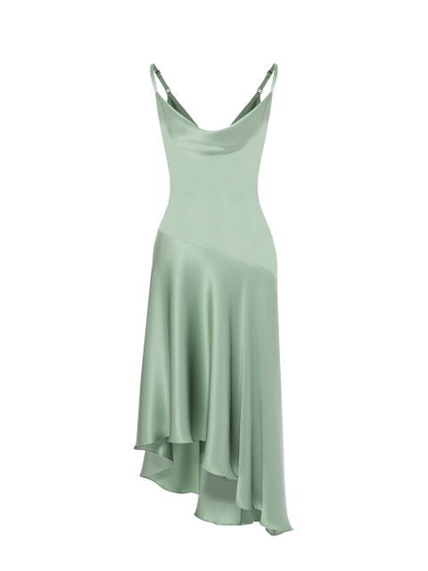 Светло-зеленое асимметричное платье-миди из шелка, 1