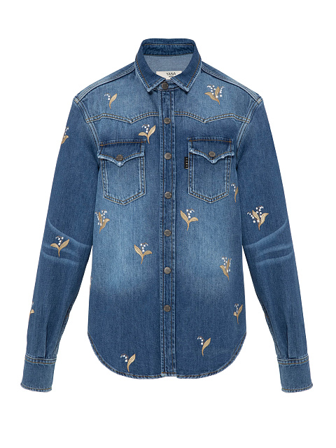 Синяя рубашка из денима с вышивкой в виде ландышей, 1 Синяя рубашка из денима с вышивкой в виде ландышей, 1