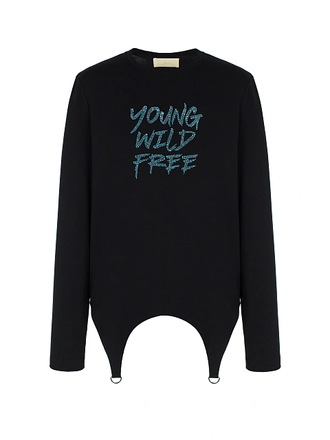 Черный хлопковый лонгслив с фигурным низом и голубыми стразами, 1