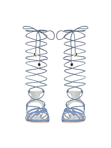 Голубые сандалии из денима и кожи с длинными завязками, 2