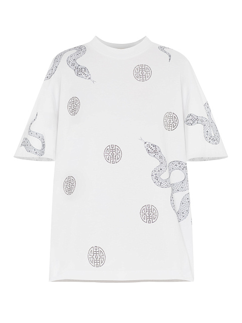 Белая хлопковая футболка с принтом и стразами, 1