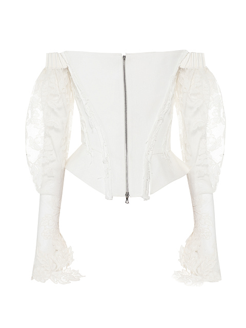 Белый топ из денима с кружевными рукавами, 2