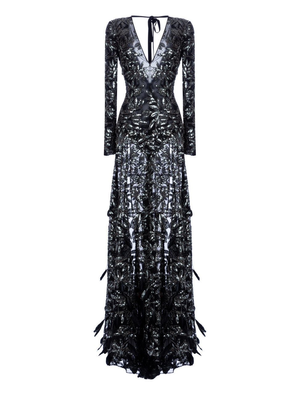 Черное платье-макси из сетки с перьями и бисером, 1