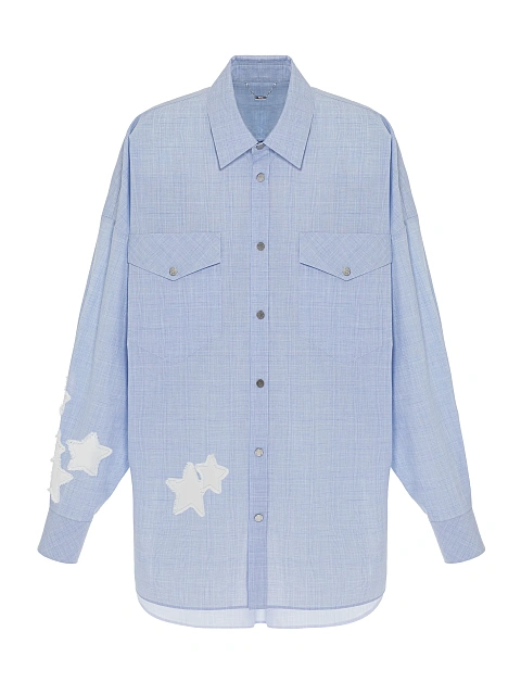 Голубая рубашка из хлопка в клетку с отделкой из белого денима, 1