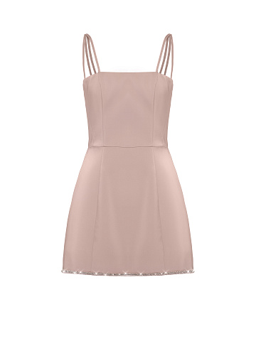 Пудрово-розовое атласное платье-мини со стразами на подоле, 1