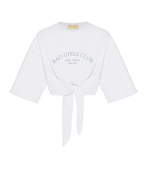 Укороченная белая футболка с завязками и голубой вышивкой, 1