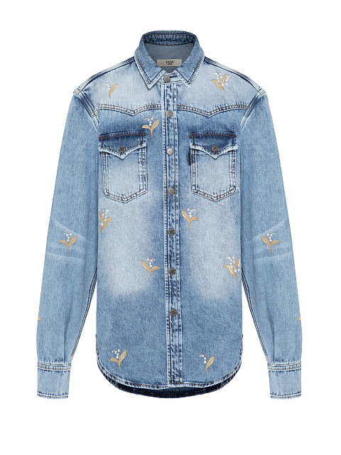 Голубая рубашка из денима с вышивкой в виде ландышей, 1