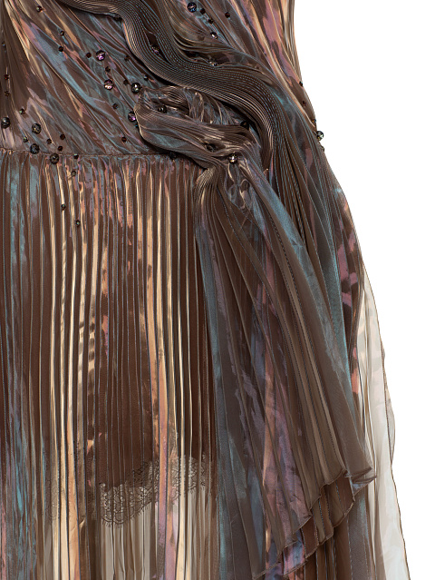 Коричневое плиссированное платье-макси из органзы, 5