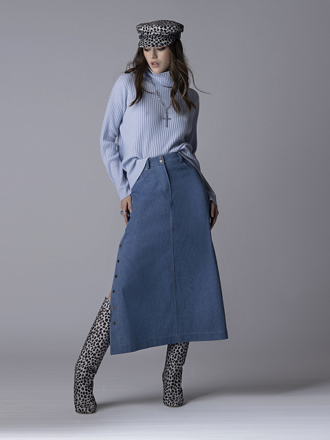 Синяя джинсовая юбка-миди с разрезами на кнопках, 3 Синяя джинсовая юбка-миди с разрезами на кнопках, 3