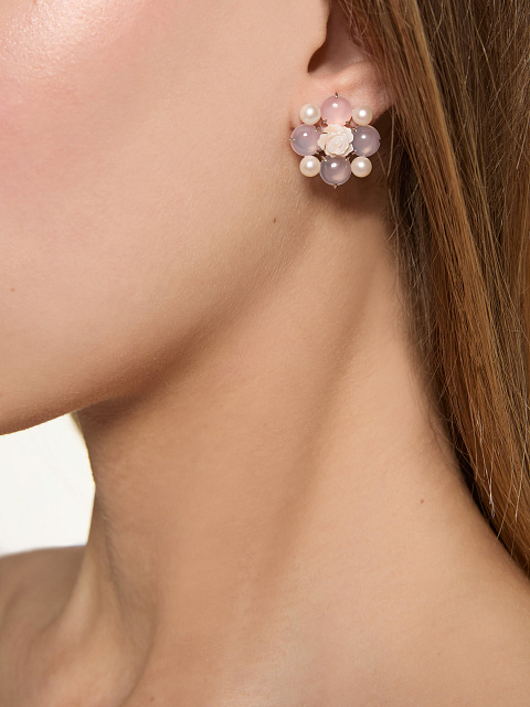 Пусеты из белого золота с кварцами, резным перламутром и жемчугом, 6 Пусеты из белого золота с кварцами, резным перламутром и жемчугом, 6