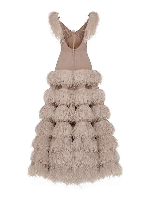 Пудровое платье-макси из шифона с перьями, 2 Пудровое платье-макси из шифона с перьями, 2