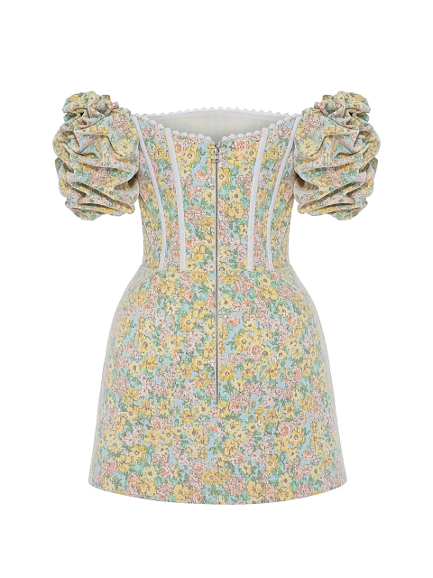 Желтое платье-мини из сетки и хлопка с цветочным принтом, 3