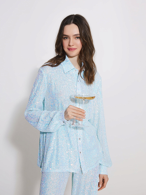 Голубой костюм из рубашки и брюк в пайетках, 7