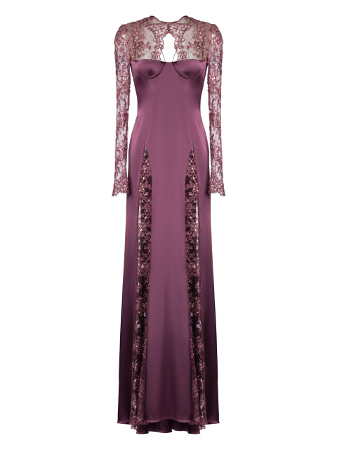 Фиолетовое шелковое платье-макси с кружевом, 1