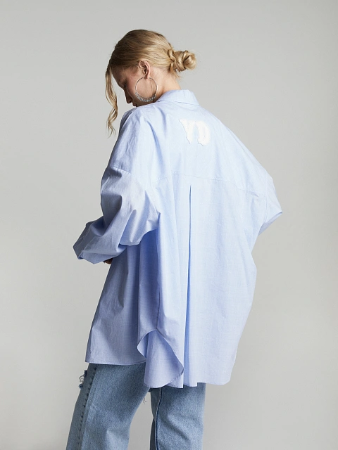 Голубая рубашка из хлопка в клетку с отделкой из белого денима, 6