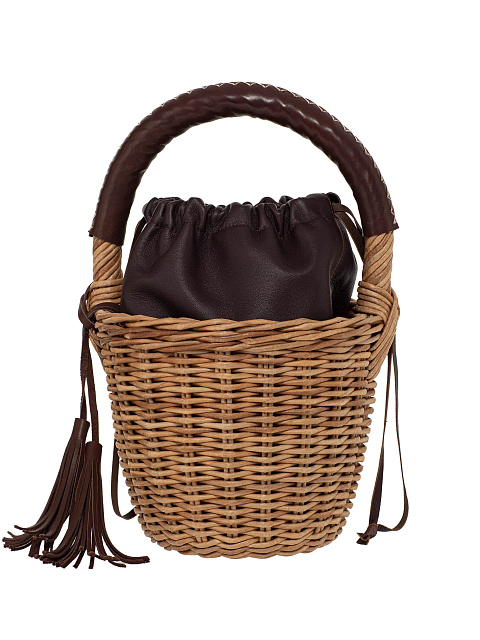 Бежевая сумка-корзина с мешочком из коричневой кожи, 1 Бежевая сумка-корзина с мешочком из коричневой кожи, 1