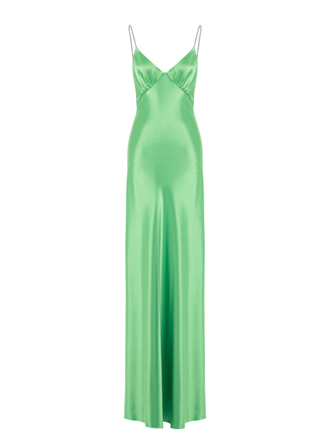 Ярко-зеленое платье-макси из шелка с серебряными бретелями, 1