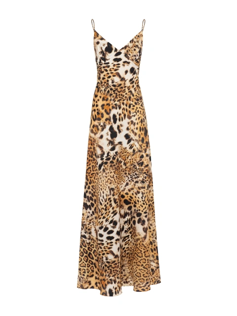 Бежевое платье-макси из шелка с леопардовым принтом и открытой спиной, 1