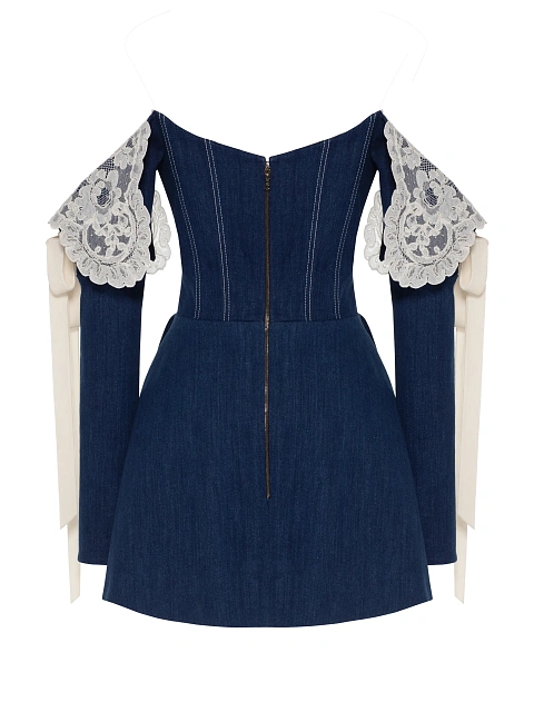Синее платье-мини из денима с белым кружевом, 2