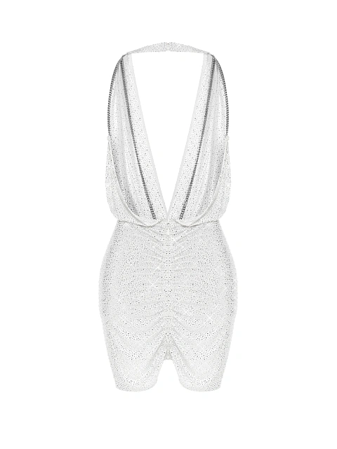 Белое платье-мини из трикотажа с открытой спиной и стразами, 3