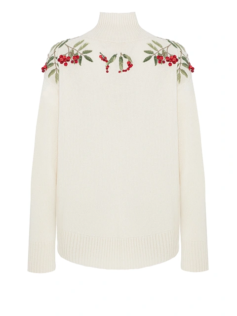 Белый кашемировый свитер с вышивкой в виде рябины, 2 Белый кашемировый свитер с вышивкой в виде рябины, 2