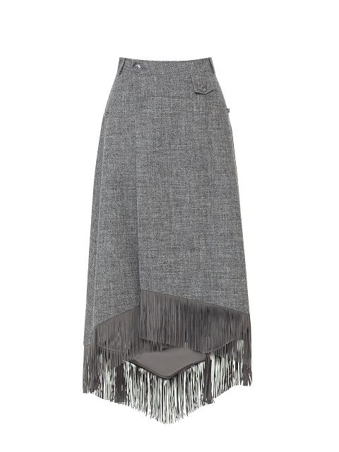 Серая юбка-миди из шерсти с замшевой бахромой, 1
