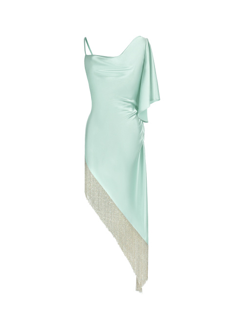 Зеленое асимметричное платье с бахромой из бисера, 1