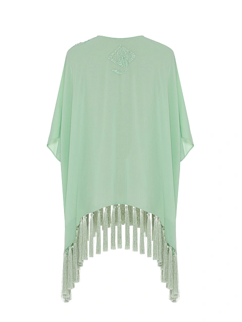 Зеленое пончо из шифона с вышивкой и бахромой, 2