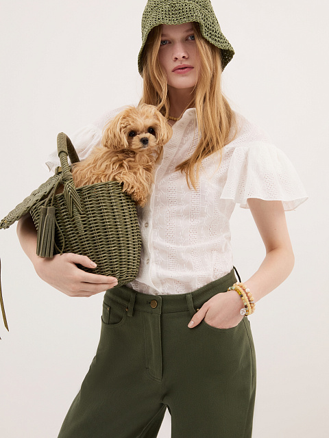 Широкие джинсы цвета хаки с вышивкой, 2