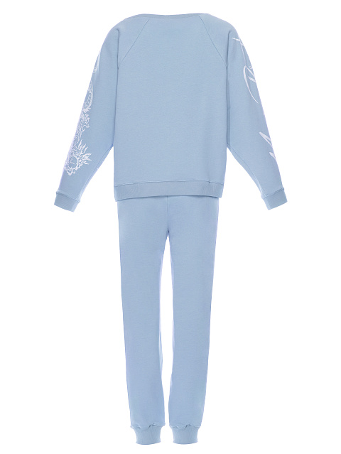 Костюм из голубого трикотажа, рукав реглан, манжеты на резинке, принт на рукавах, 1 Костюм из голубого трикотажа, рукав реглан, манжеты на резинке, принт на рукавах, 1