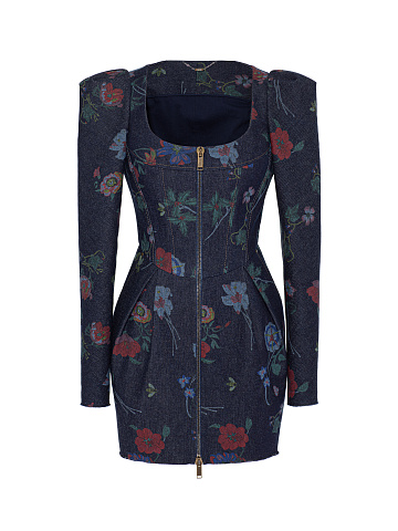 Синее платье-мини из денима с цветочным принтом, 1