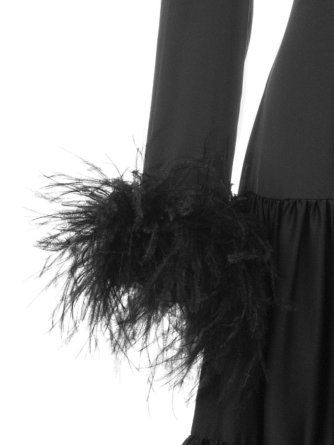 Черное платье-миди из вискозы и шелка с боа, 3