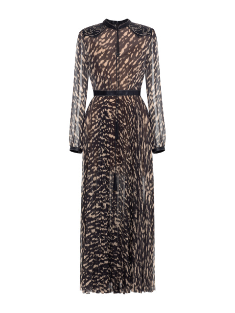 Черное шифоновое платье-миди с тигровым принтом и отделкой из кожи, 1