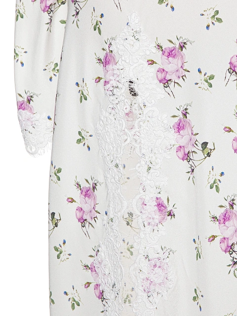 Белое платье-миди из шелка с розовым цветочным принтом и кружевом , 4