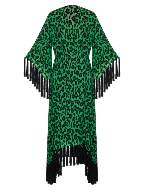 Зеленое платье-миди из шифона с леопардовым принтом и бахромой, 1