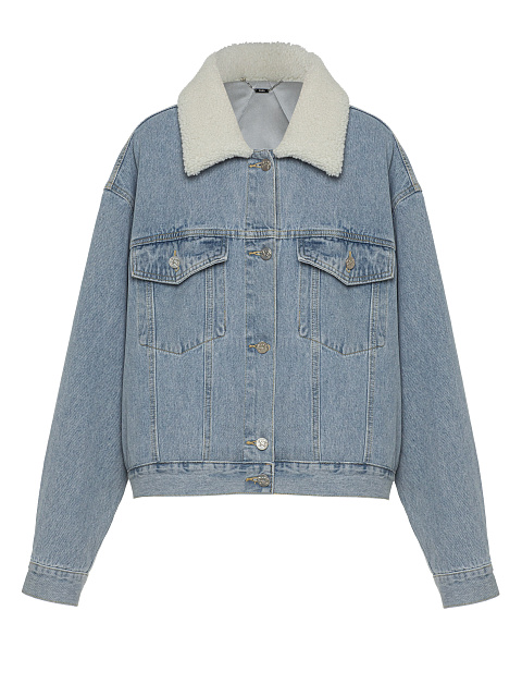 Голубая джинсовая куртка с аппликацией из овчины, 2