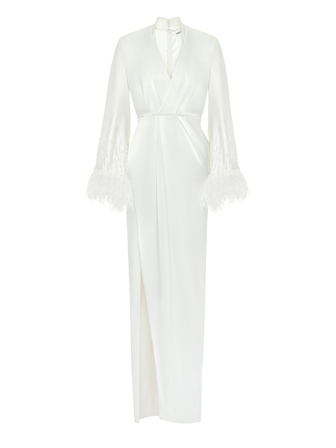 Белое платье-макси из шелка с бисером и перьями, 1