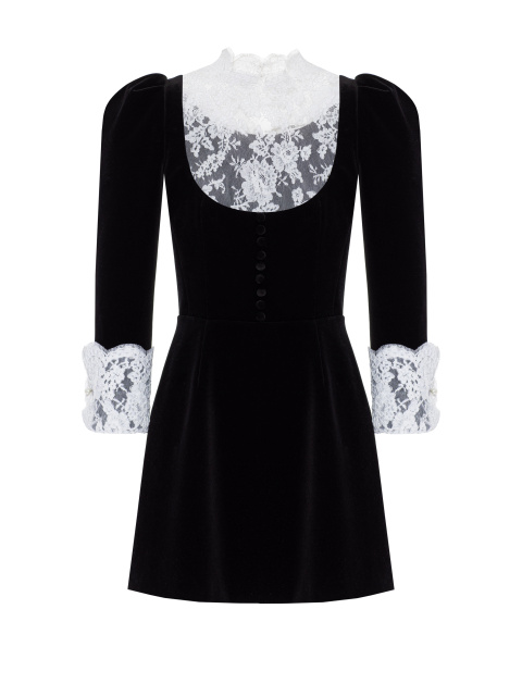 Черное платье-мини из бархата с белым кружевом, 1