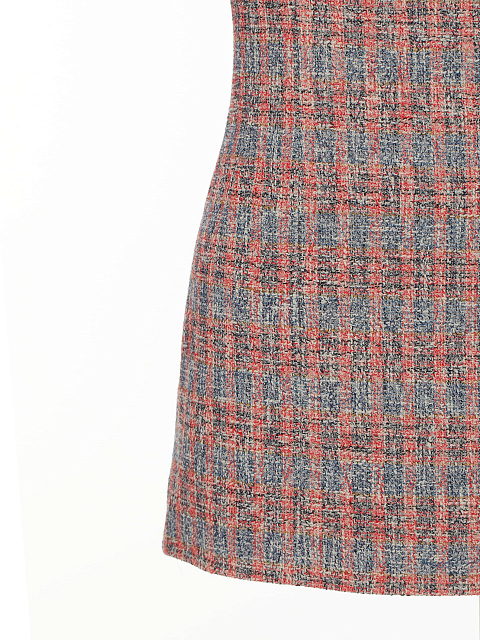 Коралловое твидовое платье-мини в клетку, 3