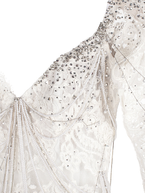 Белое платье из кружева со стразами и жемчугом, 3